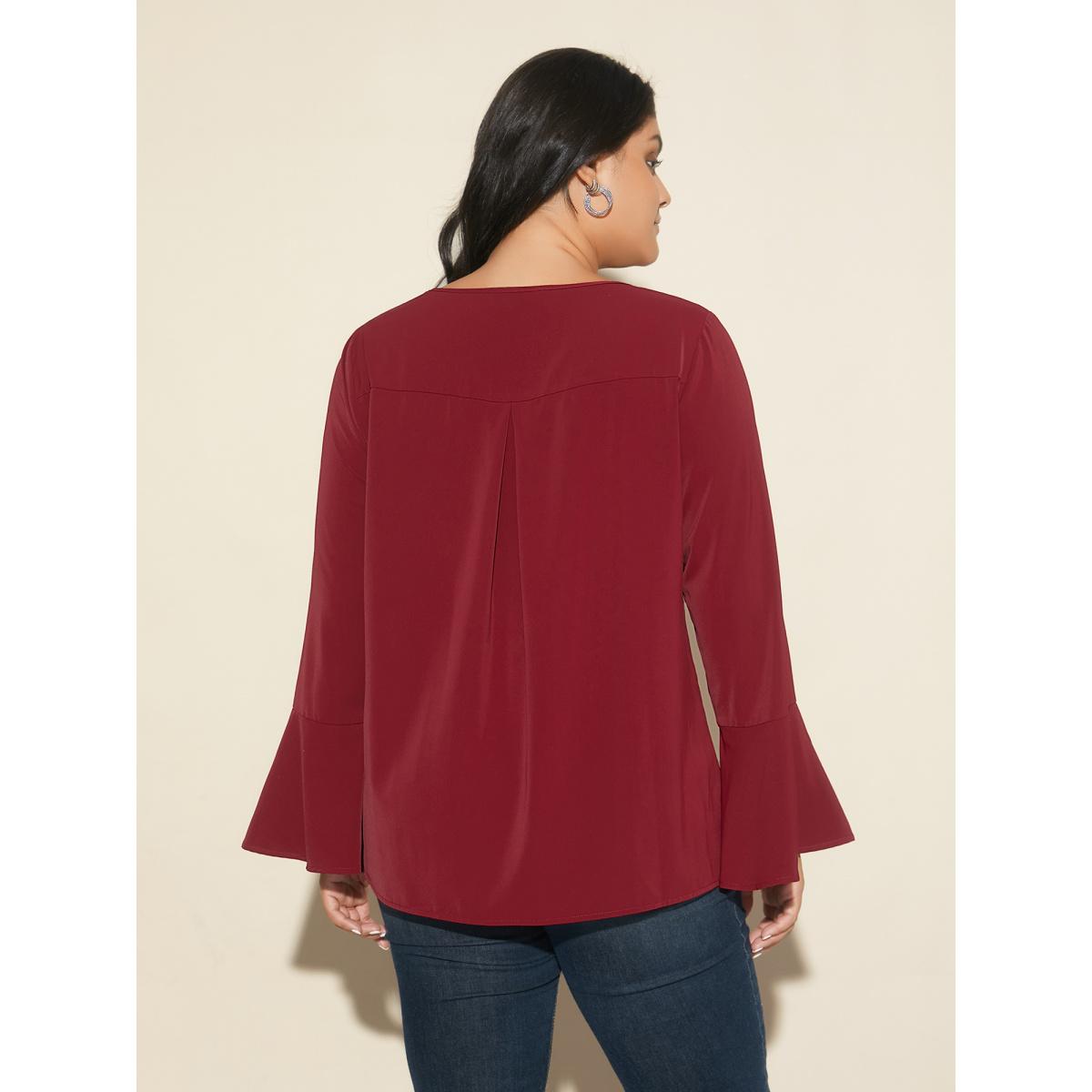 Plus Size Scarlet Beaded Embellished Bell Sleeves Blouse Women Cocktail Long Sleeve Round Neck Party Blouses BloomChic 12/L Product Image