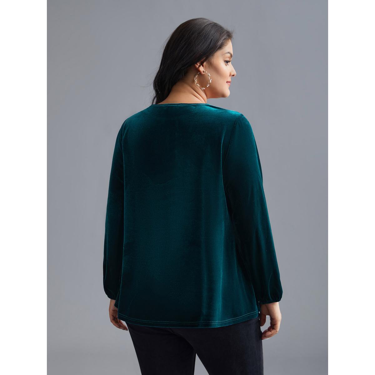 Plus Size Aegean Plain Hollow Out Gathered Velvet Blouse Women Cocktail Long Sleeve Round Neck Party Blouses BloomChic 30/6X Product Image