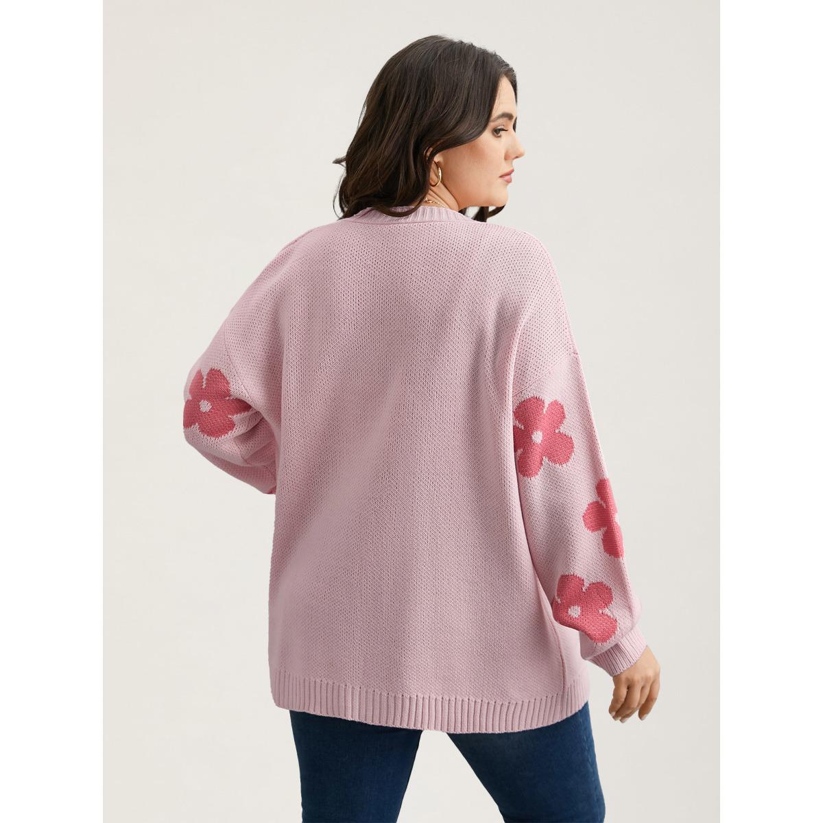 Plus Size Floral Jacquard Ribbed Hem Knit Cardigan Lightpink Women Casual Loose Long Sleeve Everyday Cardigans BloomChic 12/L Product Image