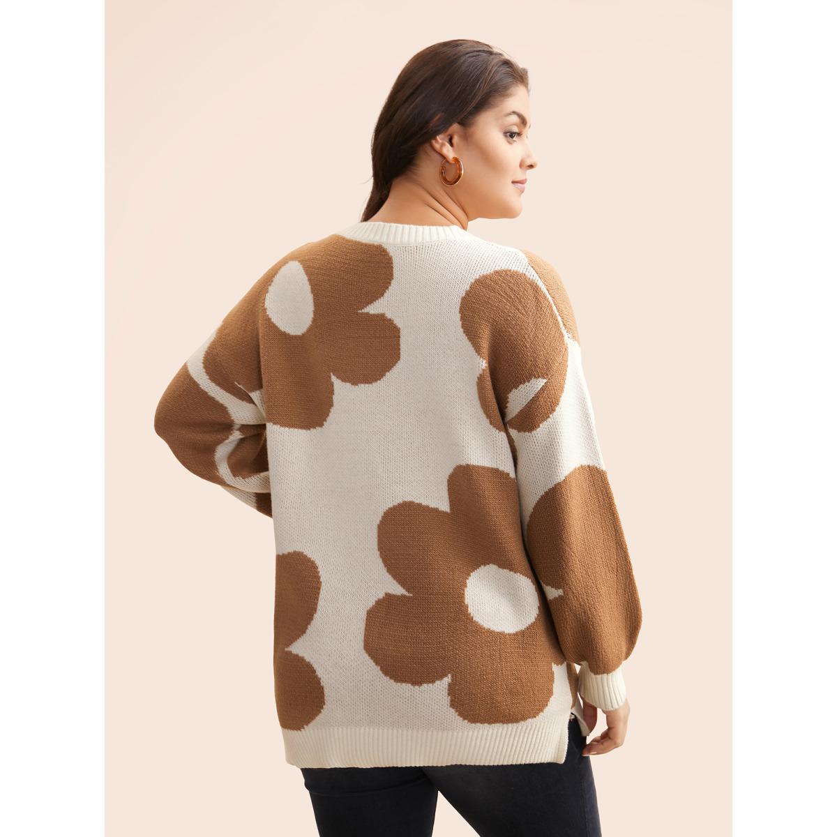 Plus Size Floral Jacquard Drop Shoulder Sleeve Pullover Apricot Women Casual Loose Long Sleeve Round Neck Everyday Pullovers BloomChic 14-16/1X Product Image