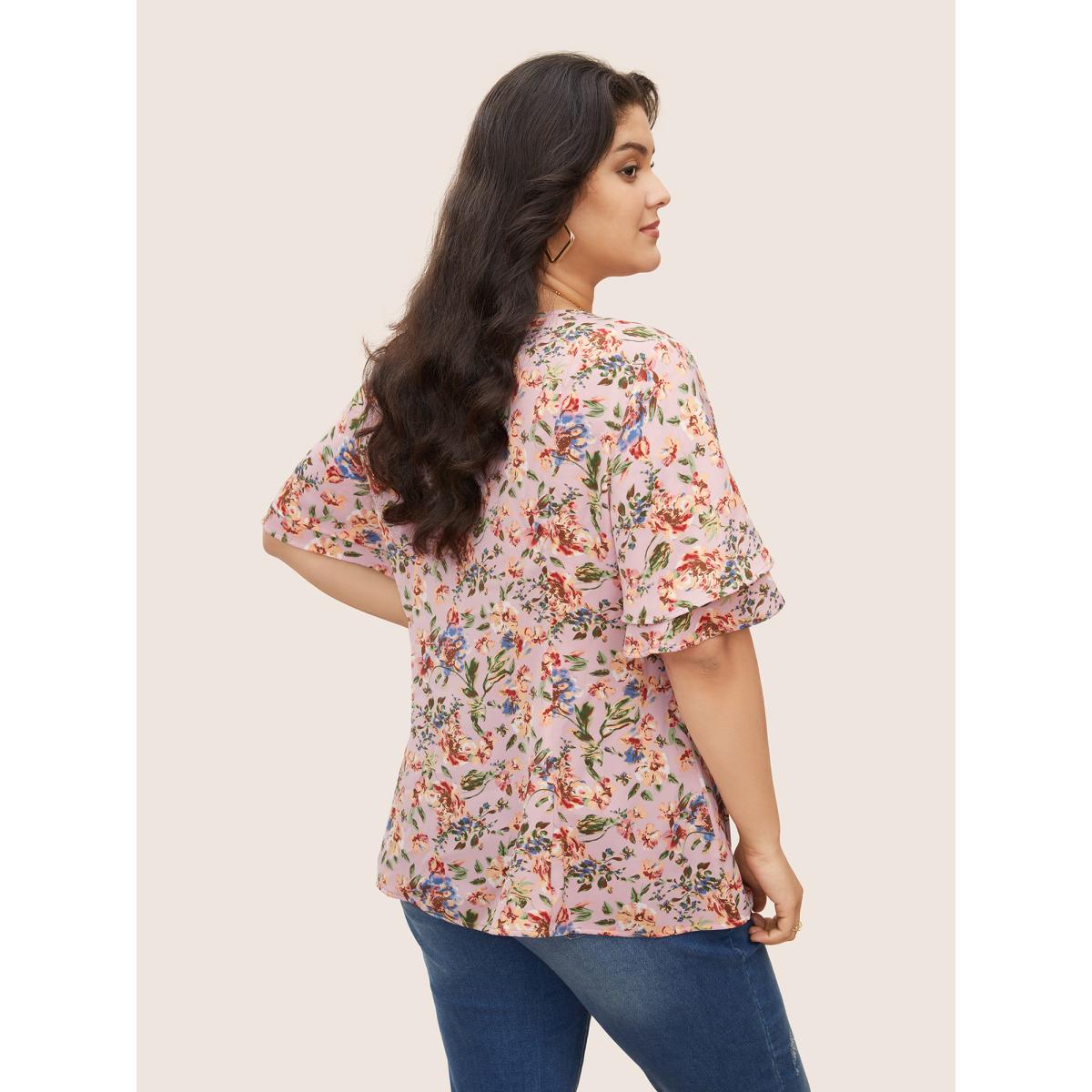 Plus Size Pink Floral Print Tiered Flutter Sleeve Blouse Women Elegant Half Sleeve Round Neck Everyday Blouses BloomChic 22-24/3X Product Image