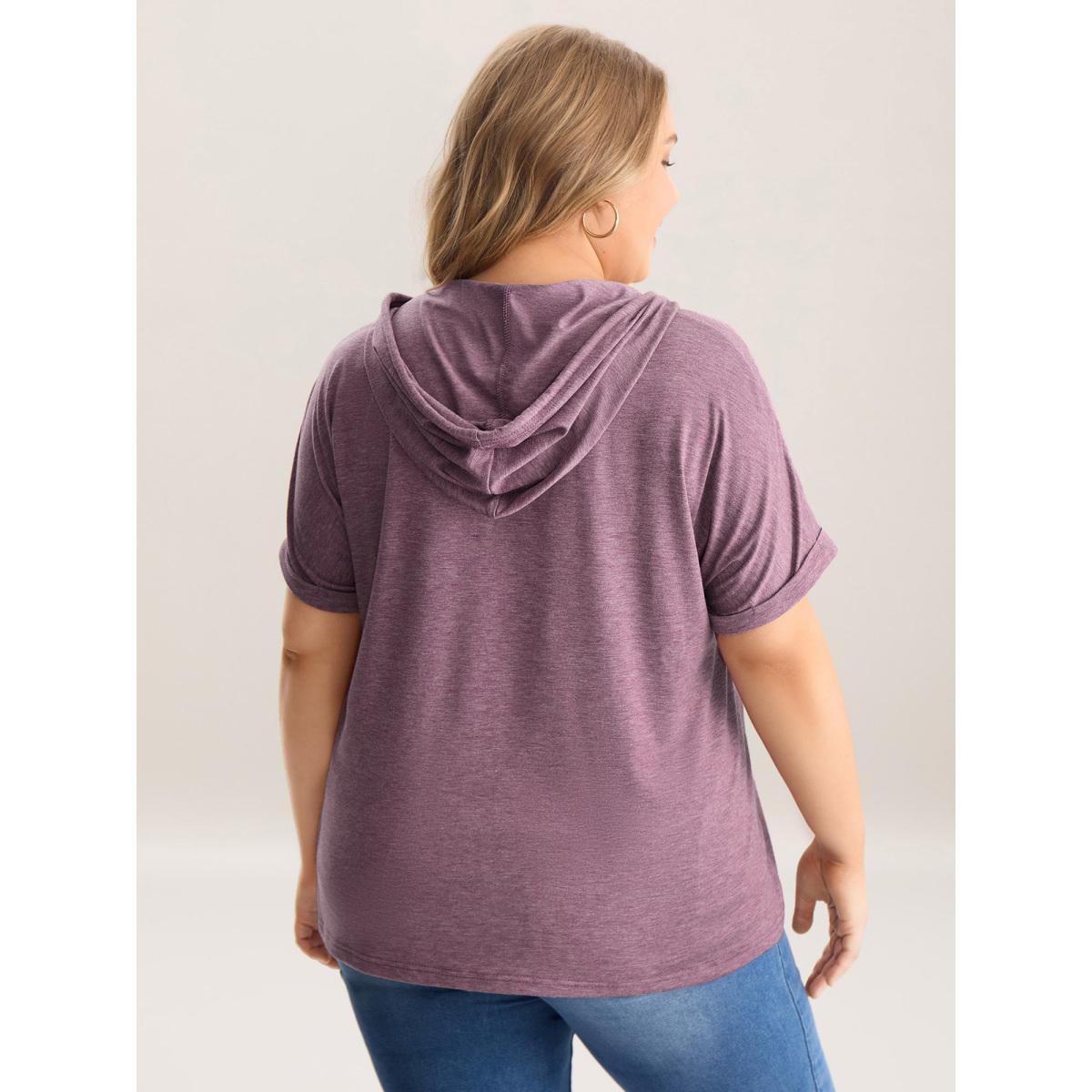 Plus Size Hooded Pockets Ties Plain T-Shirt Mauve Women Leisure Roll Hem Turtleneck Casual T-shirts BloomChic 14-16/1X Product Image