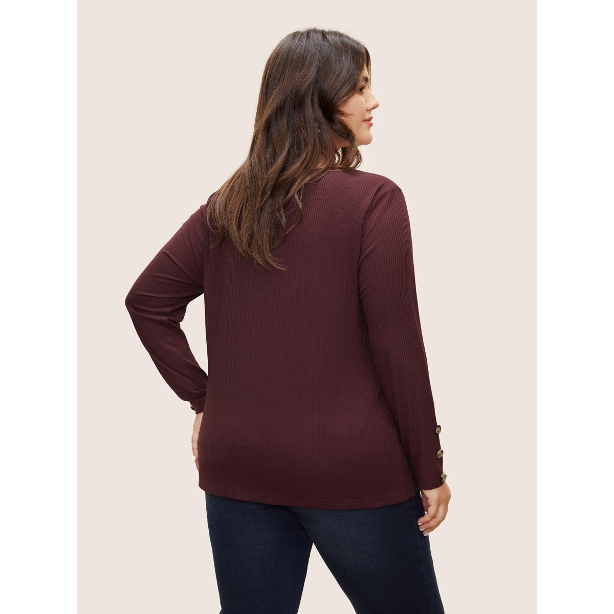 Plus Size Solid Rib Knit Button Detail Skinny T-shirt Mauve Women Casual Texture Plain V-neck Everyday T-shirts BloomChic 22-24/3X Product Image