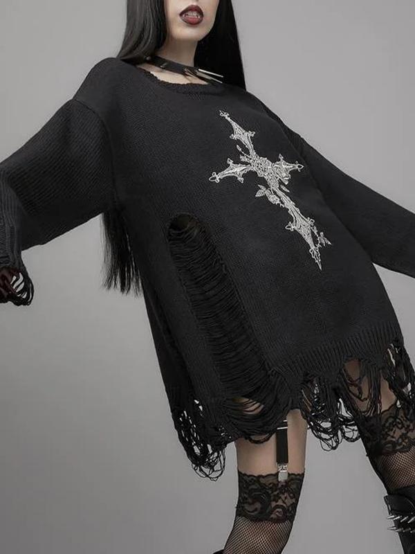 Cross Print Cutout Tattered Design Sweater Product Image