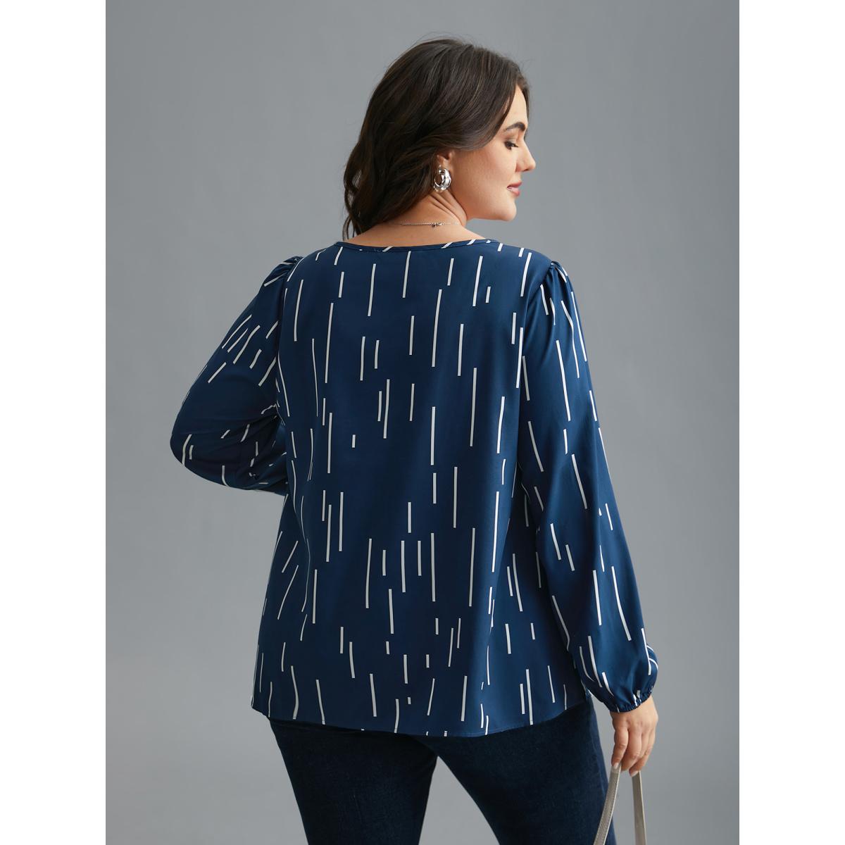 Plus Size Indigo Geometric Print Notched Collar Blouse Women At the Office Long Sleeve Notched collar Work Blouses BloomChic 22-24/3X Product Image