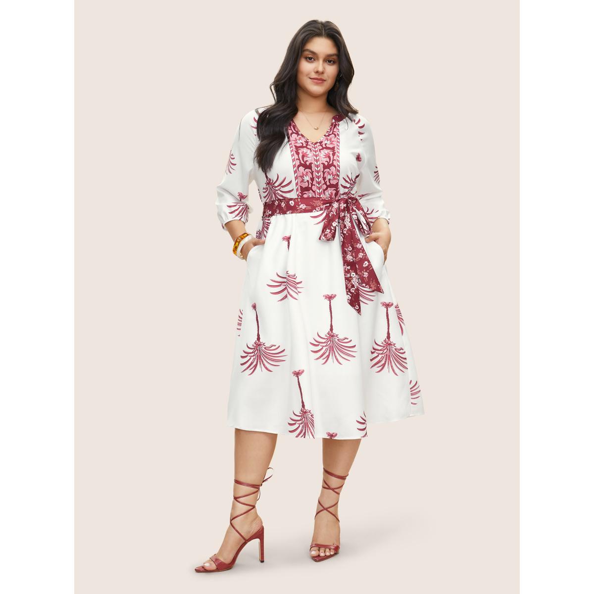 Plus Size Boho Print Notched Belted Gathered Lantern Sleeve Dress Red Women Resort Non Notched collar Long Sleeve Curvy Midi Dress BloomChic 22-24/3X Product Image
