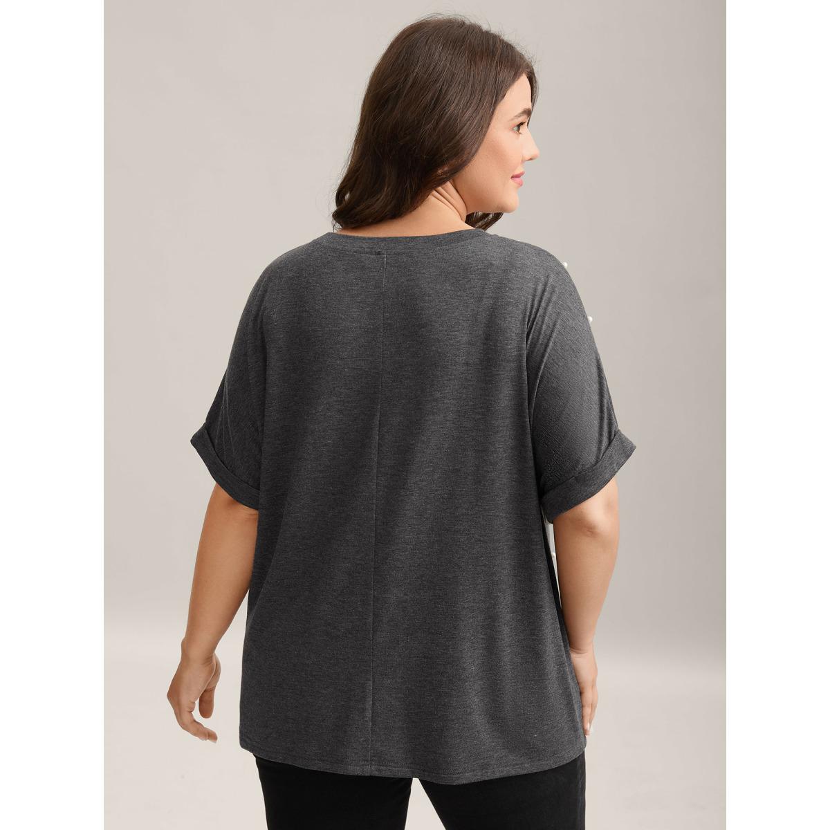 Plus Size Pearl Beaded Shoulder Plain T-Shirt DimGray Women Beaded Round Neck Loose Everyday-Casual T-shirts BloomChic 12/L Product Image