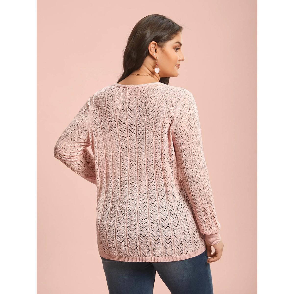 Plus Size Plain Hollow Out Romantic Textured Pullover Nudepink Women Casual Loose Long Sleeve V-neck Everyday Pullovers BloomChic 28/5X Product Image