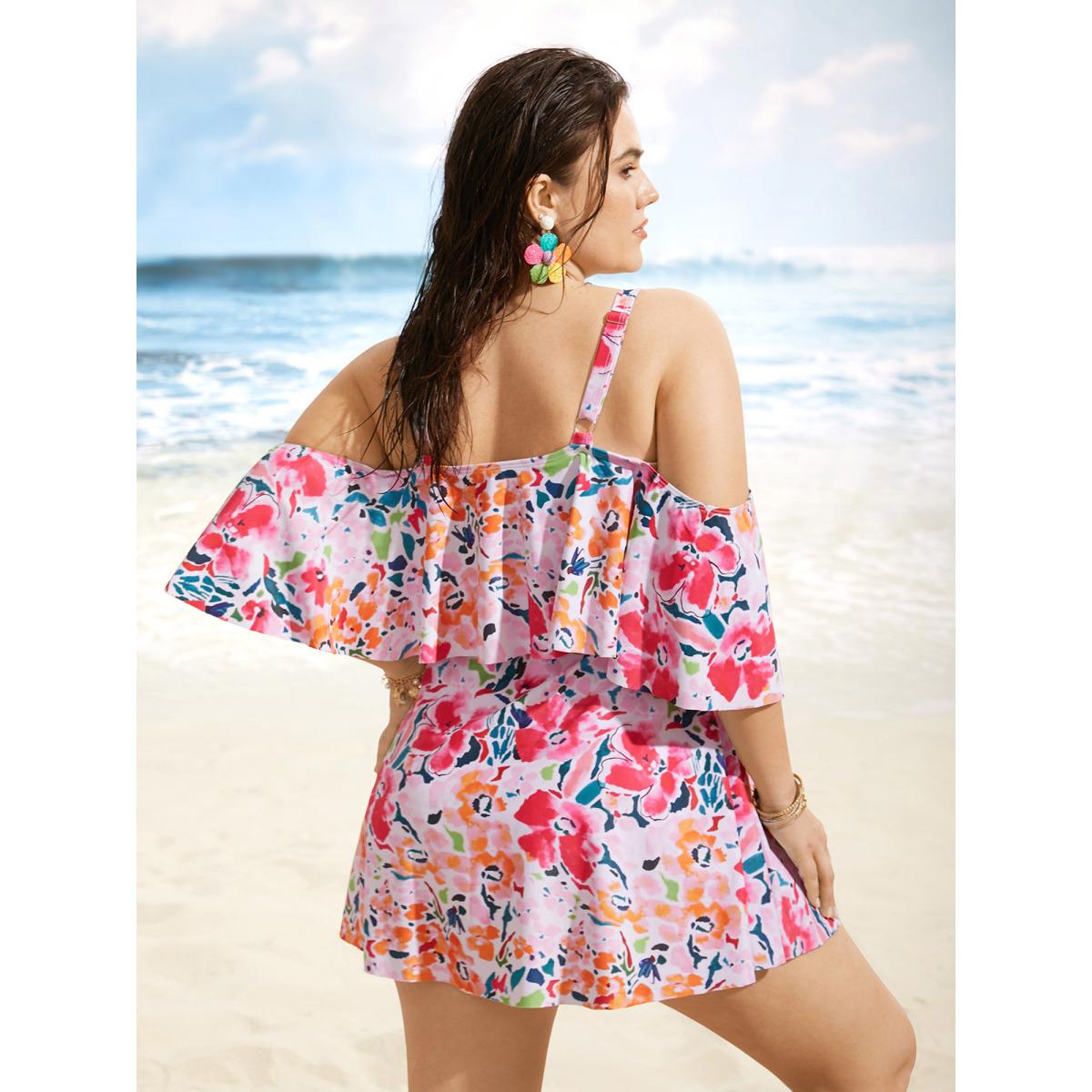 Plus Size Tropical Adjustable Straps Cold Shoulder Ruffles Trim Swim Dress Women's Swimwear Peach Beach Bodycon One-shoulder neck High stretch Curve Swim Dresses BloomChic 30/6X Product Image