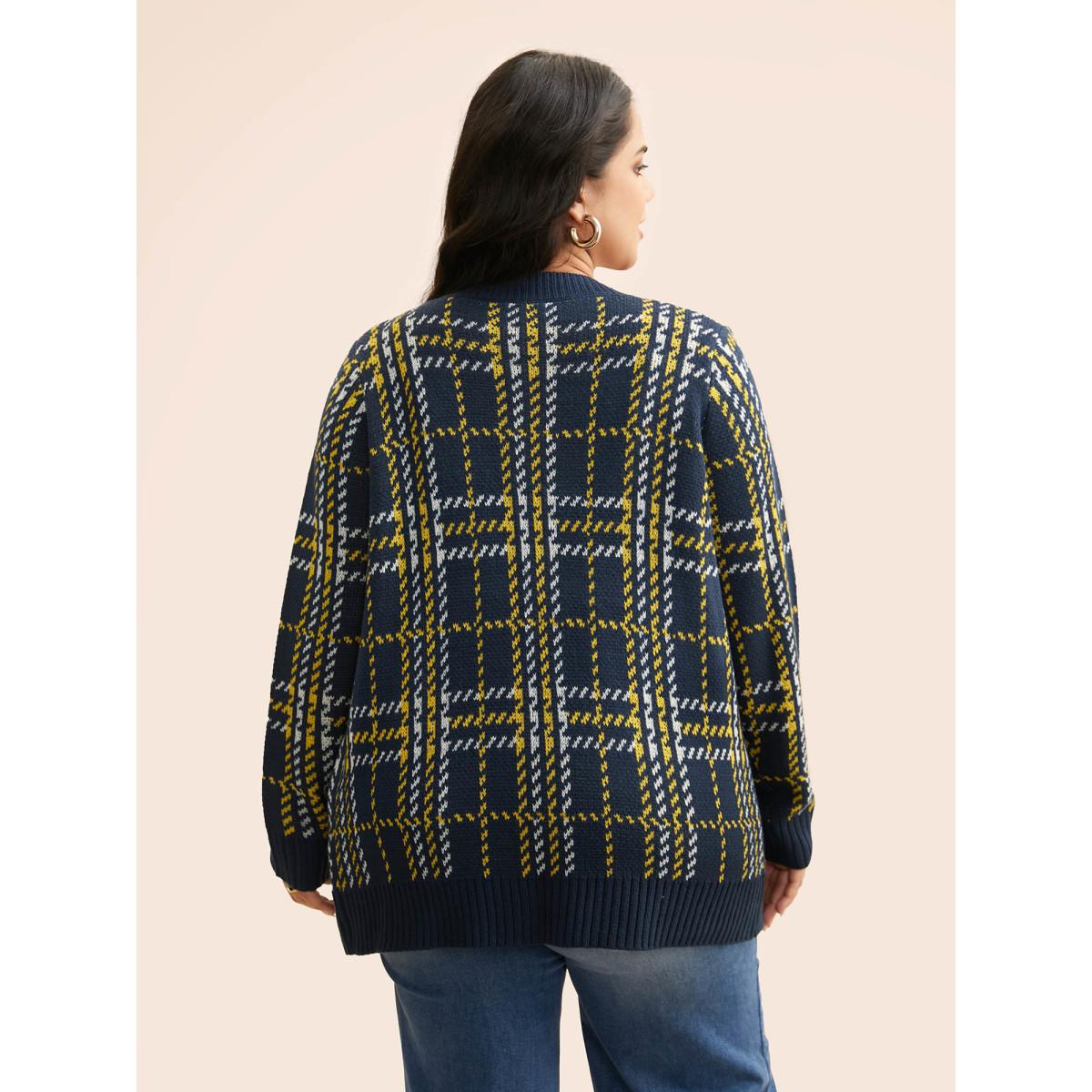Plus Size Kimono Collar Plaid Pocket Cardigan Indigo Women Casual Loose Long Sleeve Everyday Cardigans BloomChic 14-16/1X Product Image