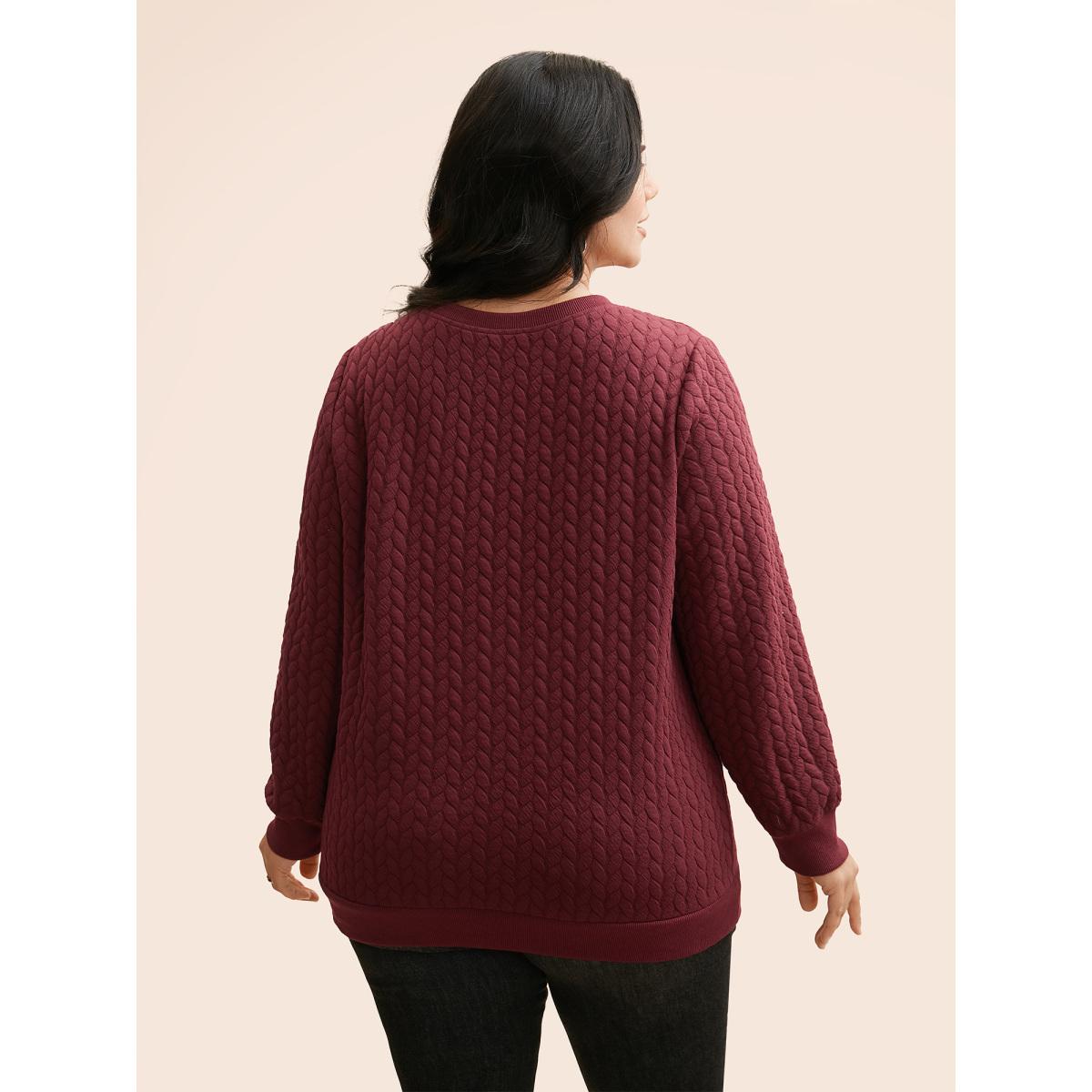 Plus Size Plain Textured Slightly Stretchy Sweatshirt Women Burgundy Casual Texture Round Neck Everyday Sweatshirts BloomChic 12/L Product Image