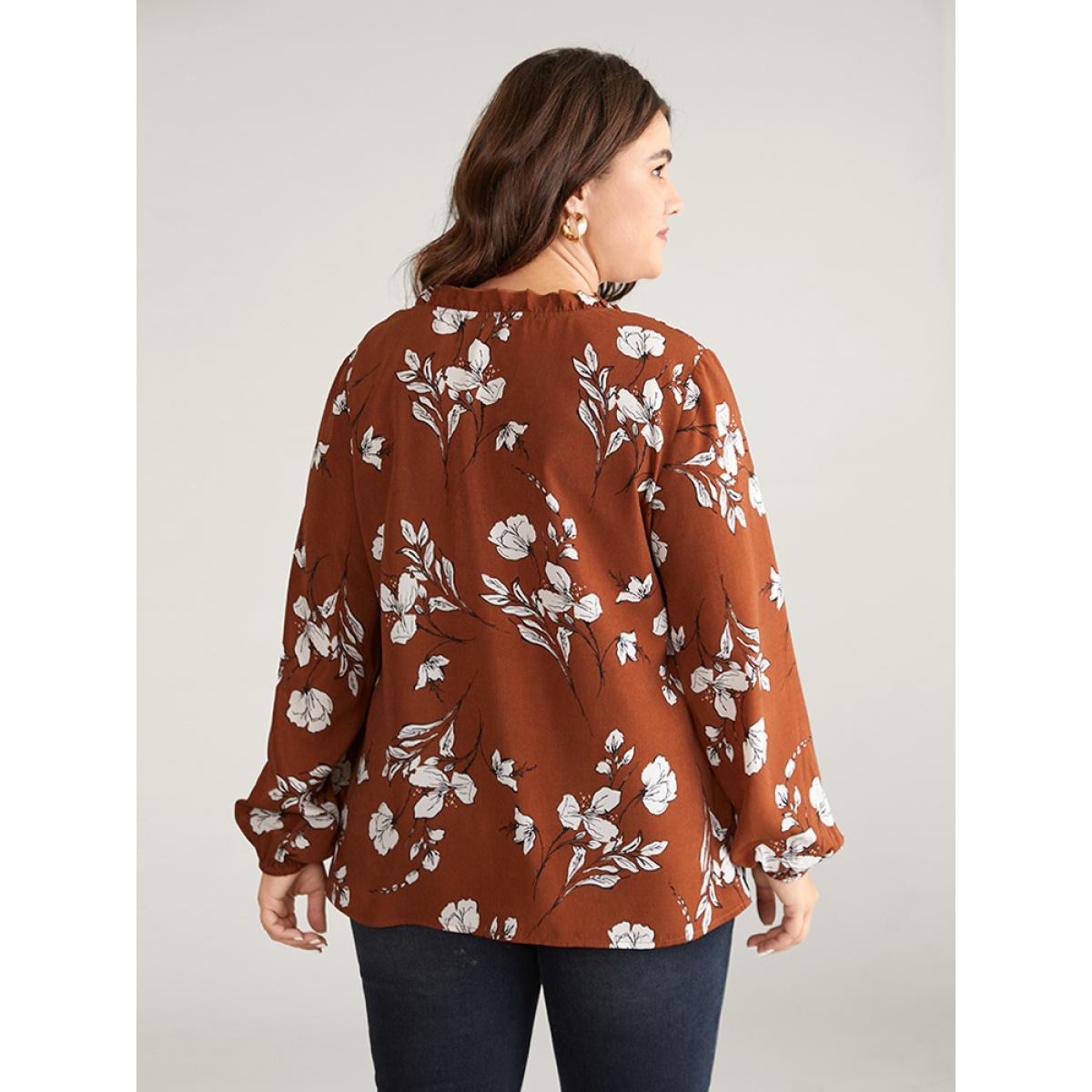 Plus Size Rust Silhouette Floral Print Ruffles Lantern Sleeve Blouse Women Elegant Long Sleeve V-neck Vacation Blouses BloomChic 14-16/1X Product Image