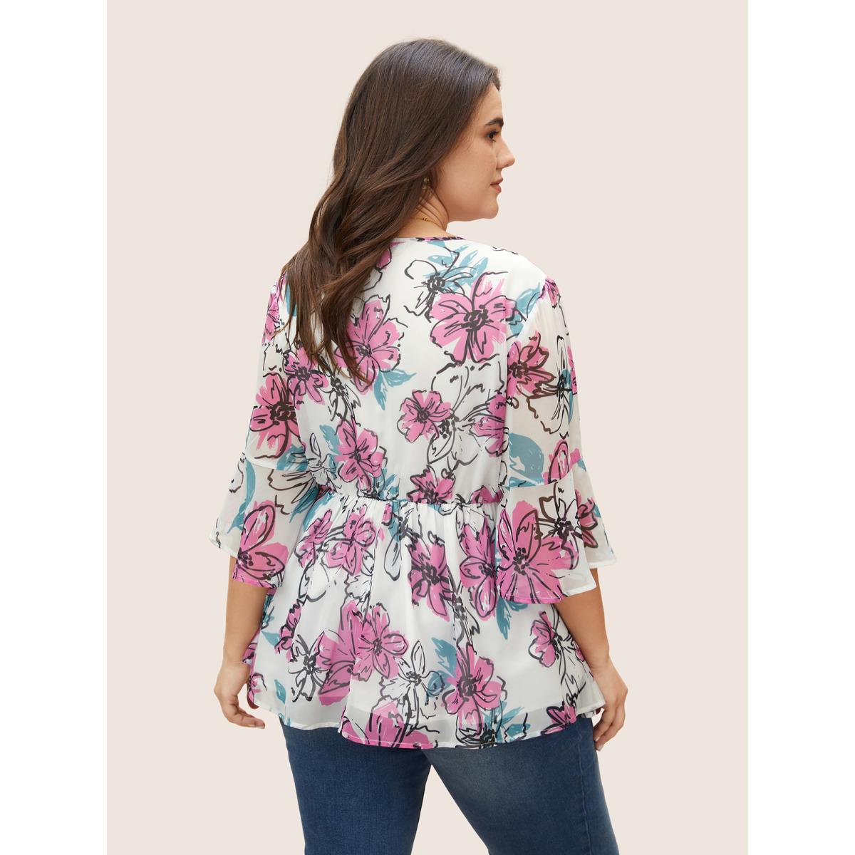 Plus Size Ivory Floral Twist Ruffles See Through Blouse Women Elegant Elbow-length sleeve V-neck Everyday Blouses BloomChic 30/6X Product Image