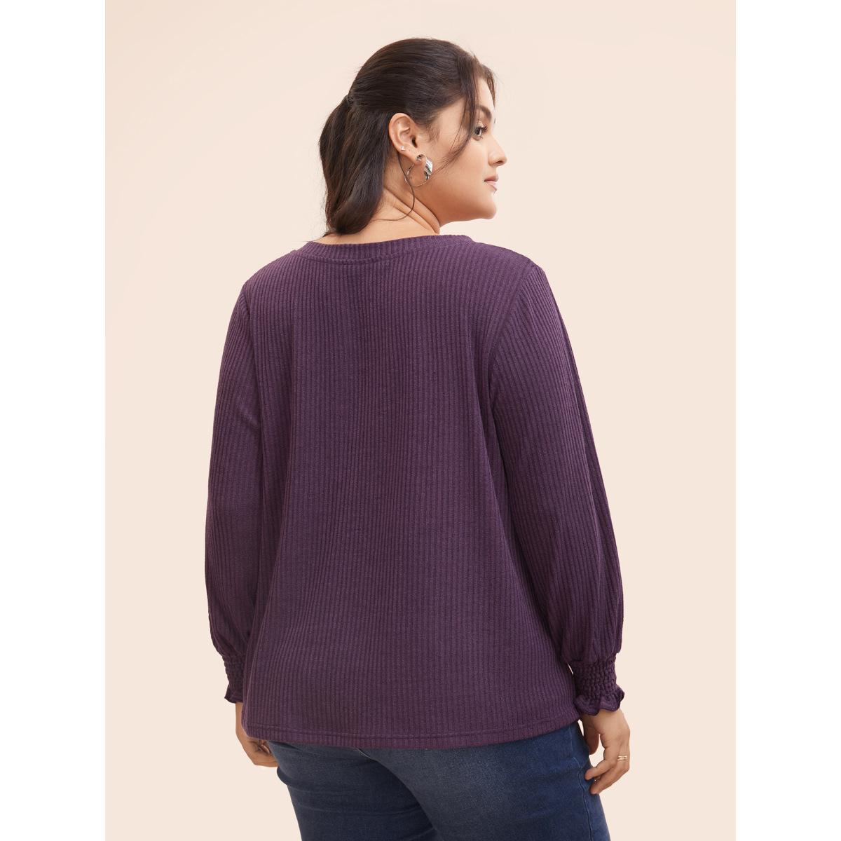 Plus Size Solid Rib Knit Lantern Sleeve Shirred T-shirt Mauve Women Casual Texture V-neck Everyday T-shirts BloomChic 18-20/2X Product Image
