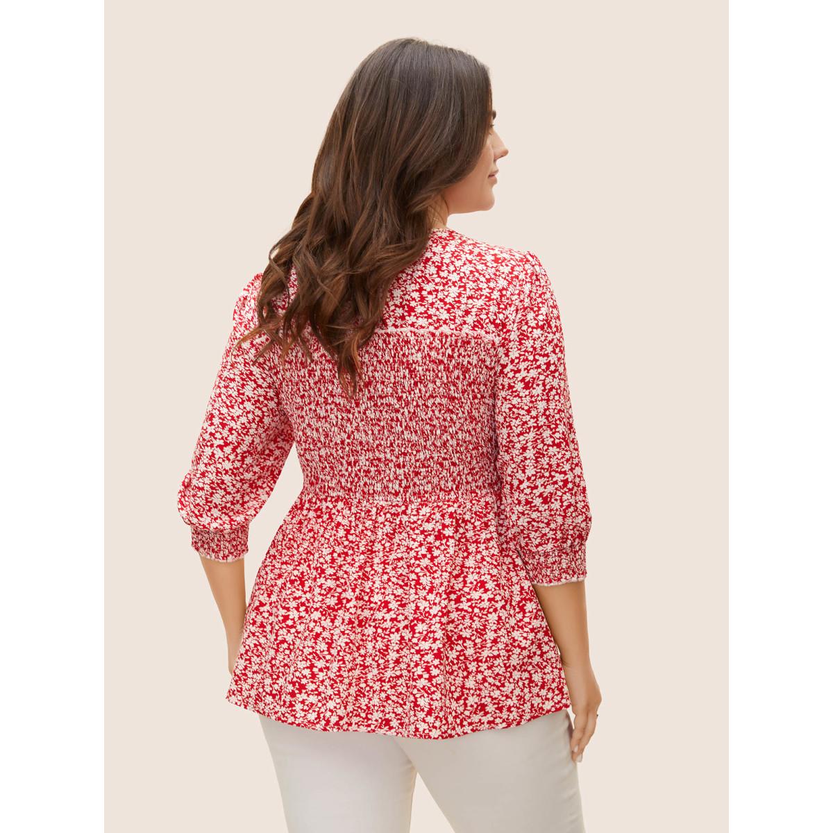 Plus Size Crimson Square Neck Ditsy Floral Shirred Blouse Women Elegant Elbow-length sleeve Square Neck Everyday Blouses BloomChic 22-24/3X Product Image