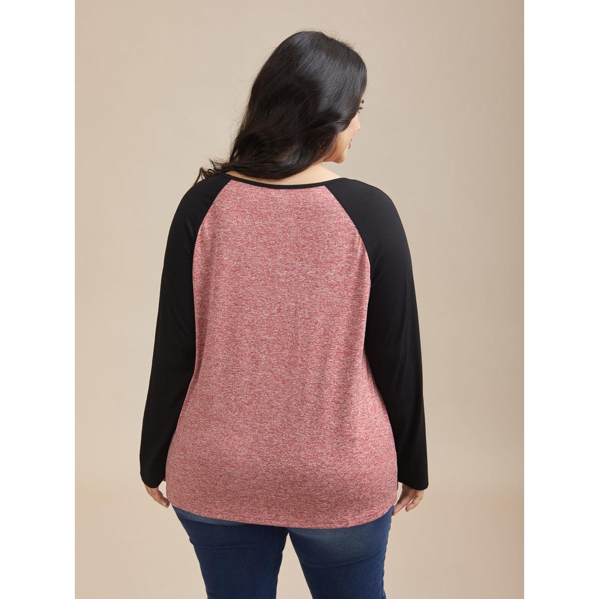 Plus Size Heather Patchwork Button Detail Stretchy T-Shirt Scarlet Women Casual Contrast Flat collar with V-notch Everyday T-shirts BloomChic 14-16/1X Product Image