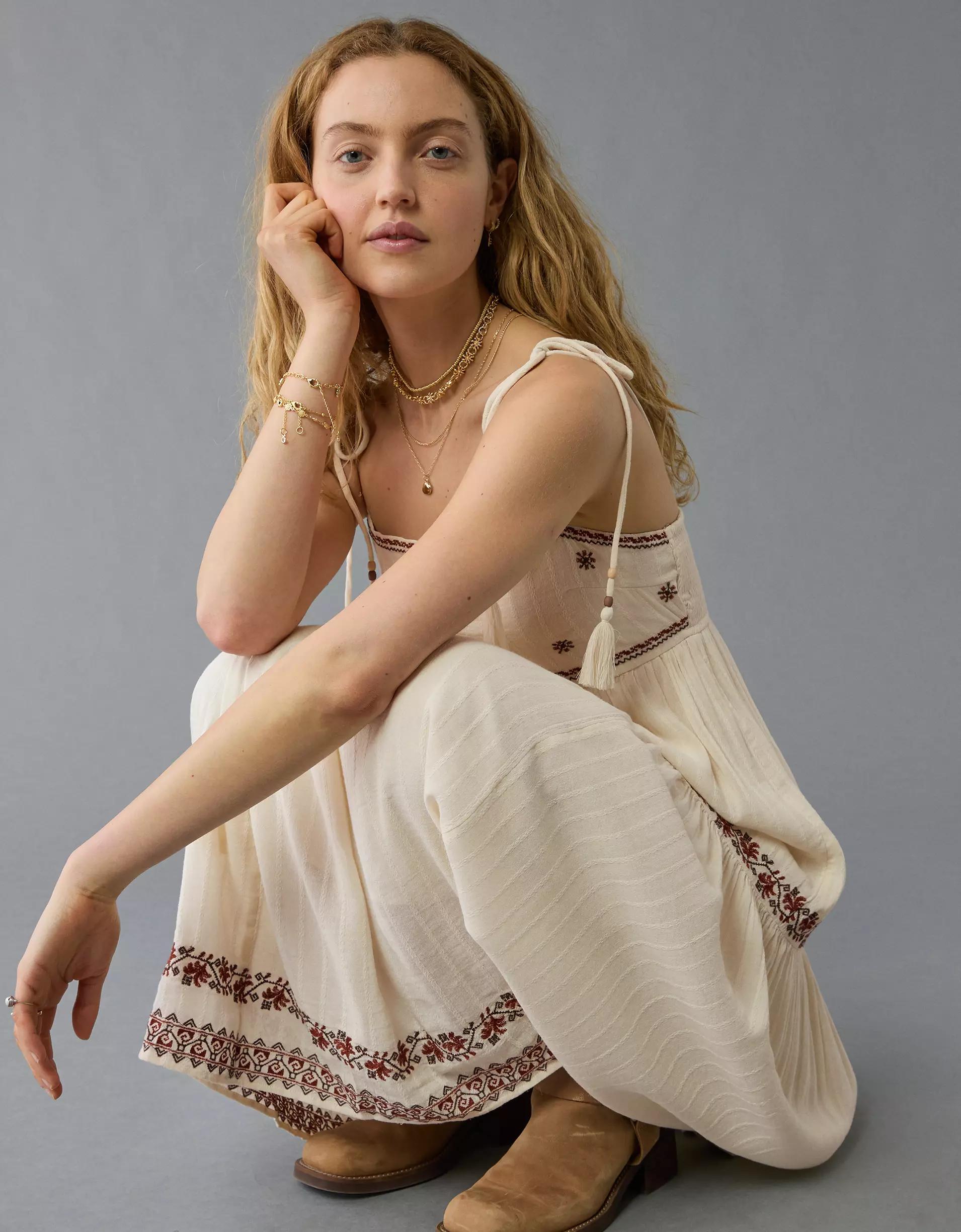 AE Empire Waist Embroidered Midi Dress Product Image