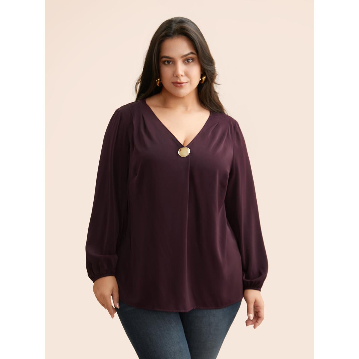 Plus Size Eggplant V Neck Pleated Metal Detail Blouse Women Elegant Long Sleeve V-neck Everyday Blouses BloomChic 10/M Product Image