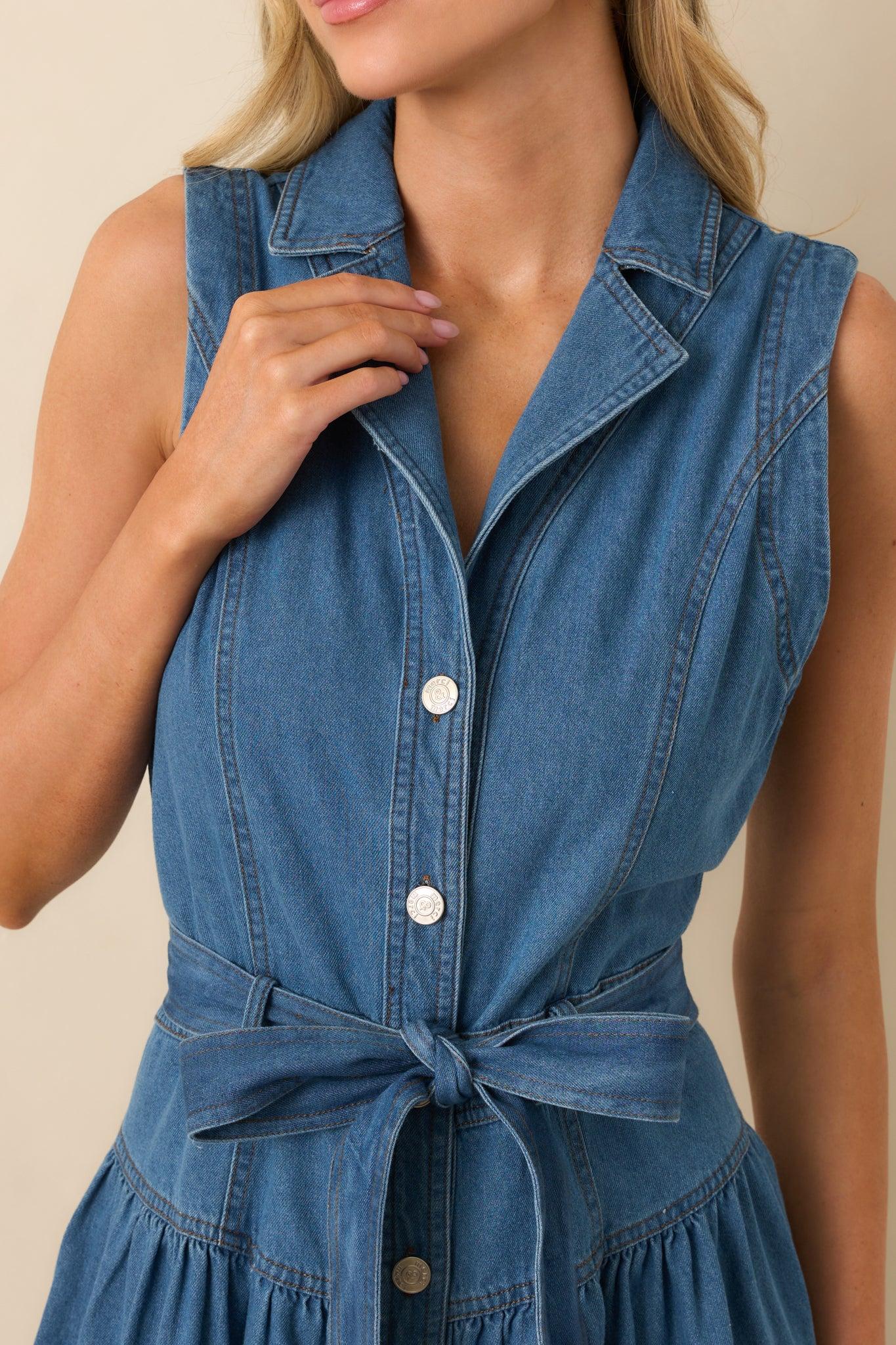 Riverside Sips Blue Denim Button Front Maxi Dress Product Image