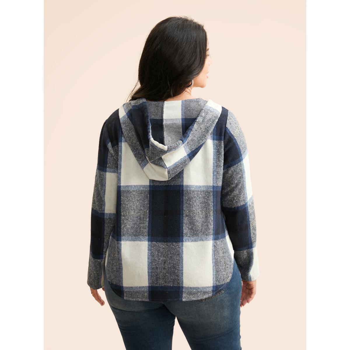Plus Size Brushed Fabric Plaid Hooded Sweatshirt Women Indigo Leisure Drawstring Hooded Casual Sweatshirts BloomChic 10/M Product Image