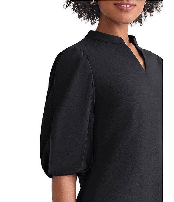 Ming Wang Stretch Crepe Split V-Neck Elbow Puff Sleeve Blouse Product Image