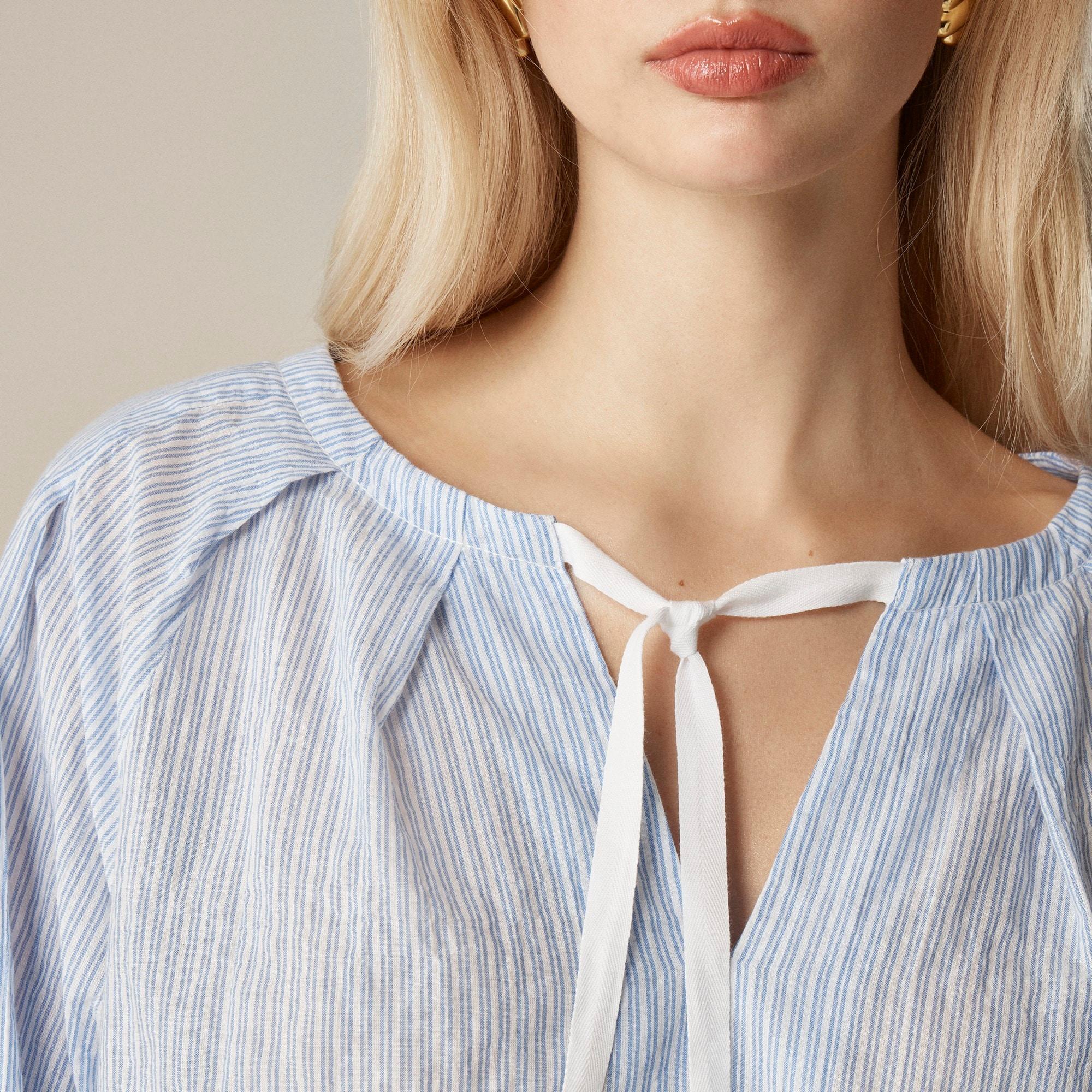 Tie-neck top in striped crinkle cotton Product Image
