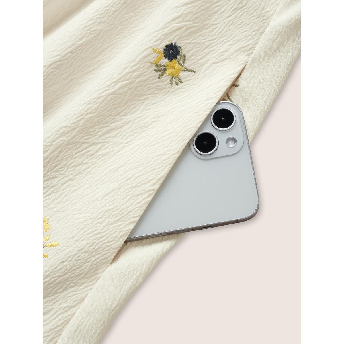 Plus Size Ditsy Floral Embroidered Square Neck Elastic Cuffs Dress Apricot Women Elegant Non Square Neck Short sleeve Curvy Midi Dress BloomChic 12/L Product Image