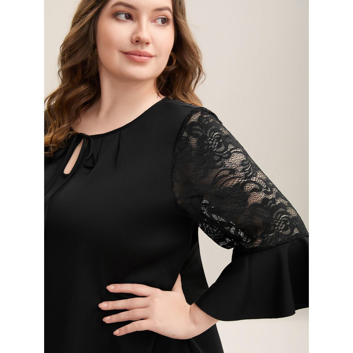 Plus Size Black Lace Sleeve Neck Tie Flared Blouse Women Elegant Elbow-length sleeve Round Neck Everyday Blouses BloomChic 18-20/2X Product Image