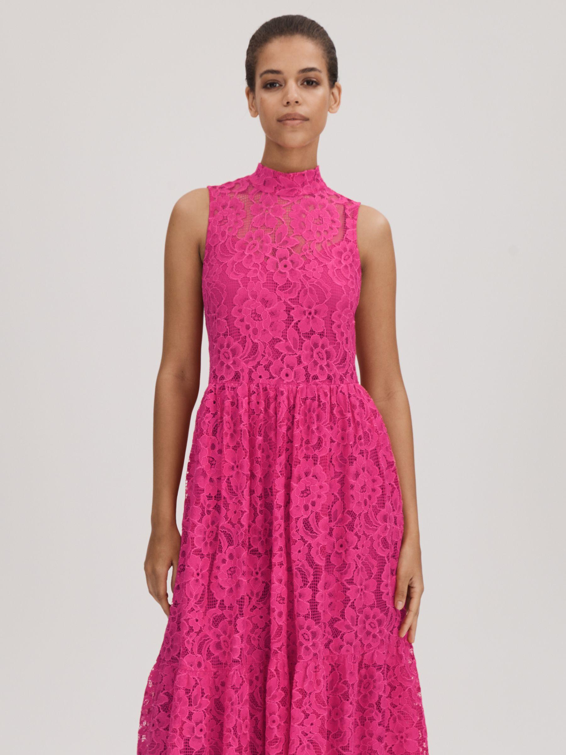 Florere Lace Tie Back Midi Dress in Bright Pink Product Image