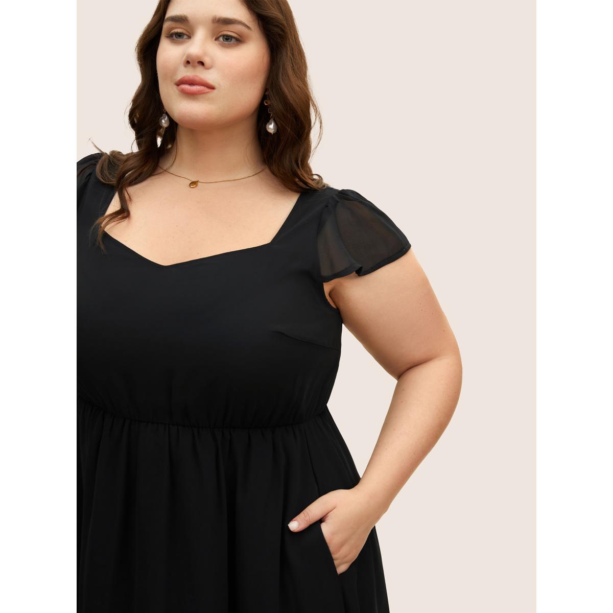 Plus Size Mesh Patchwork Ruffle Cap Sleeve Midi Dress Black Women Elegant See through Heart neckline Cap Sleeve Curvy BloomChic 22-24/3X Product Image