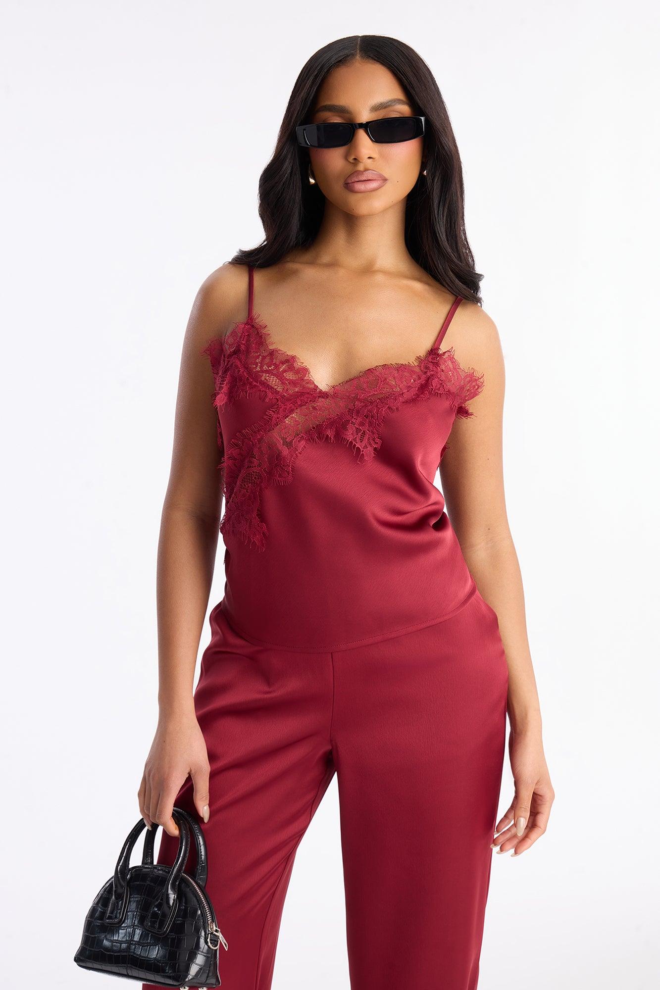Araiza Satin Lace Trim Pant Set - Burgundy Female Product Image