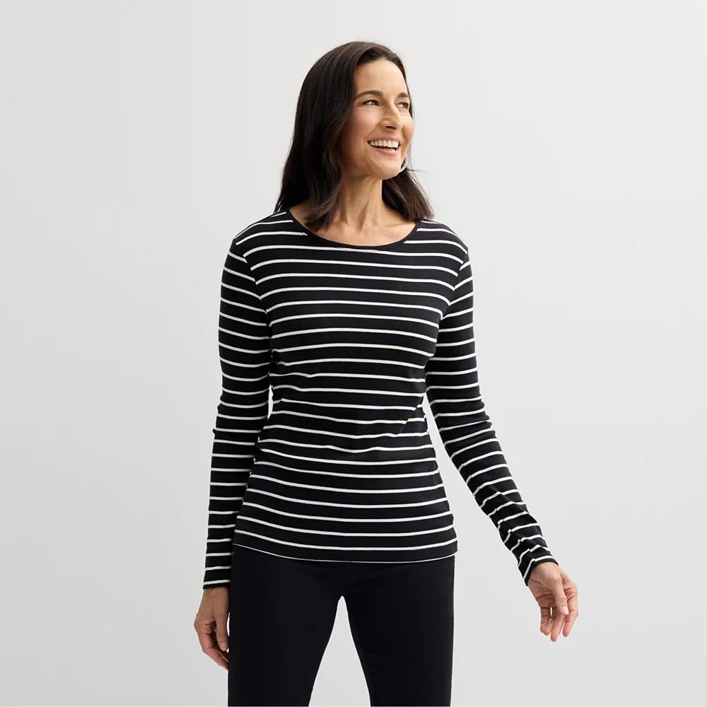 Petite Croft & Barrow® Crewneck Long-Sleeve Tee, Women's, Size: XXL Petite, Black Classy Stripe Product Image