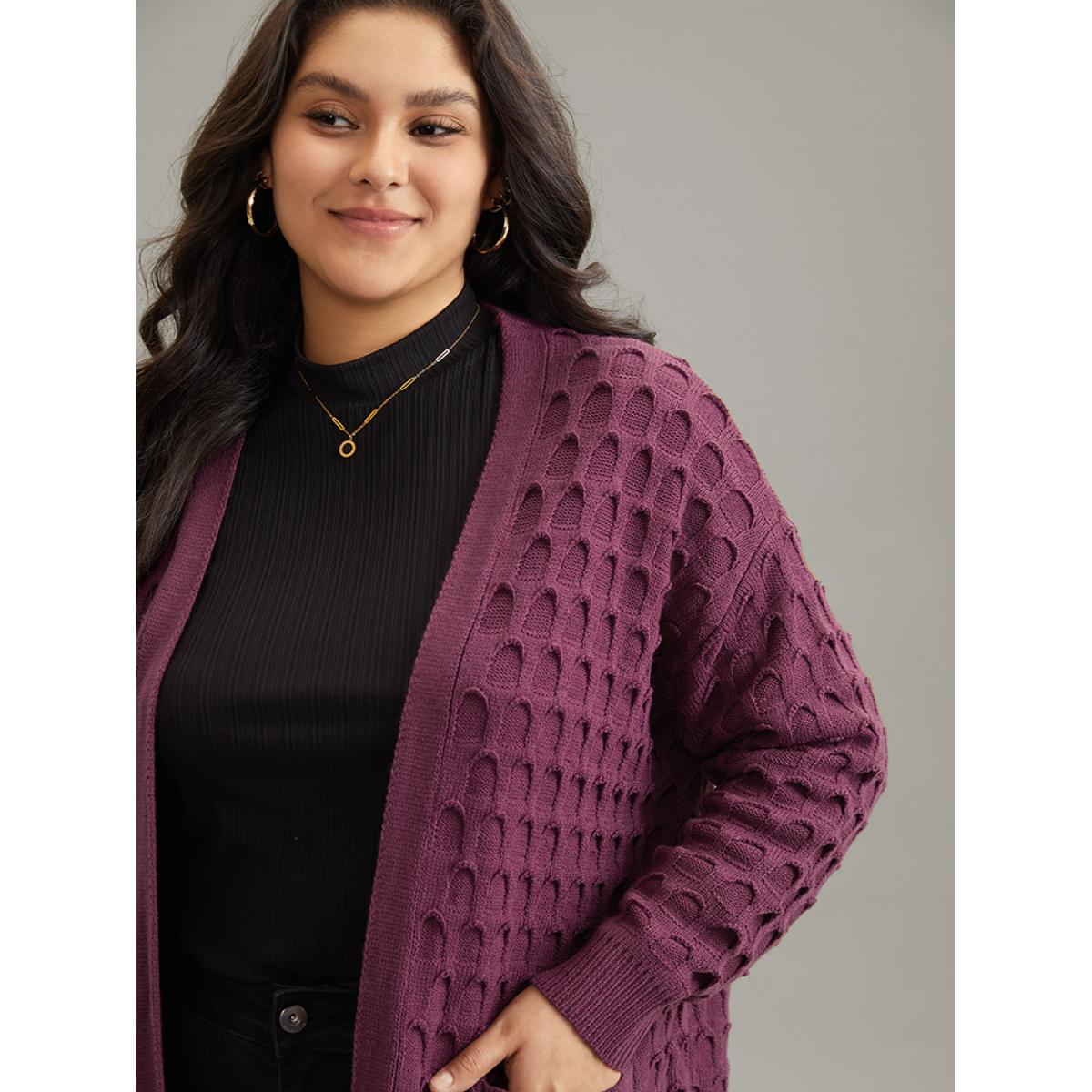 Plus Size Open Front Plisse Patched Pocket Loose Cardigan RedViolet Women Casual Loose Long Sleeve Everyday Cardigans BloomChic 28/5X Product Image