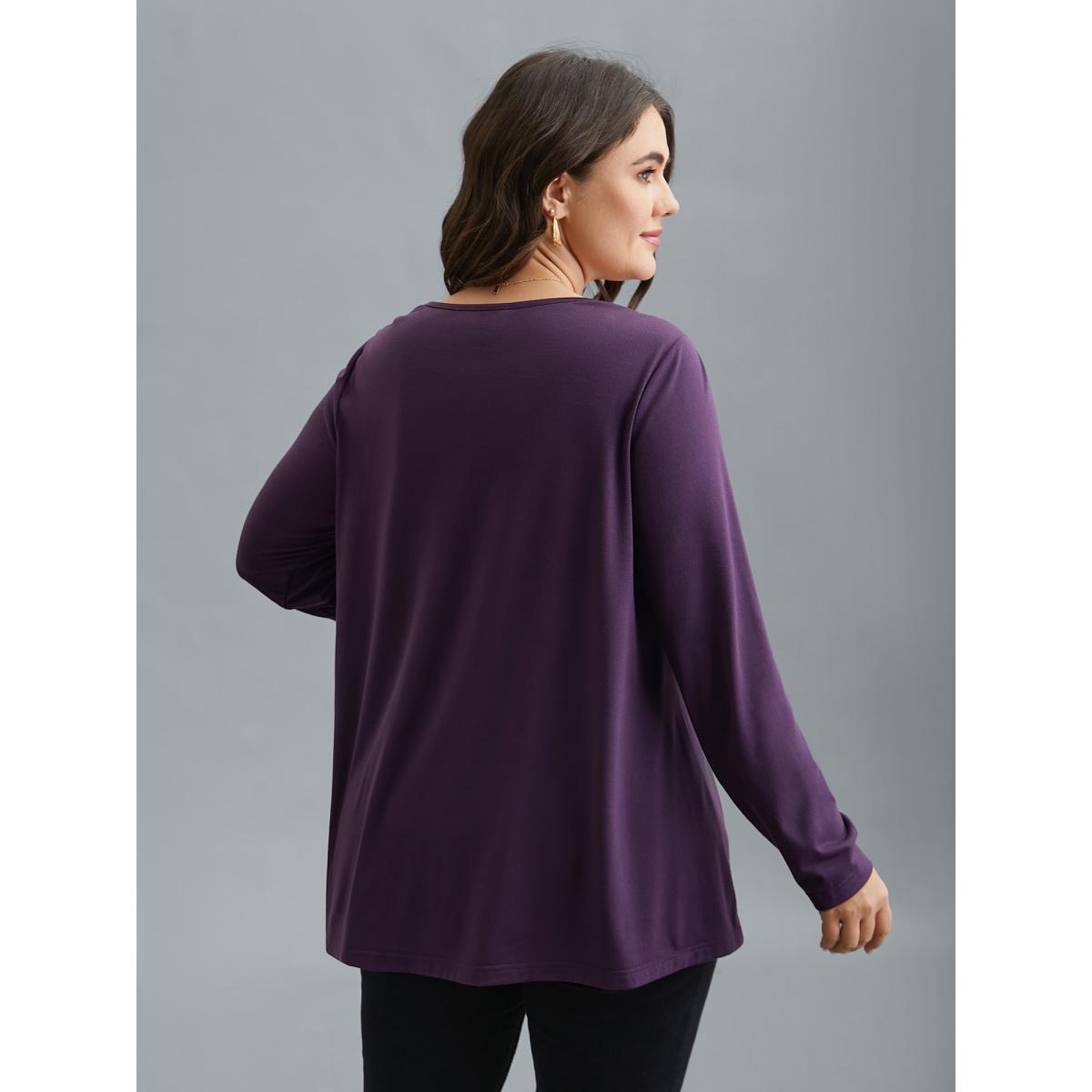 Plus Size Crew Neck Lace Detail Pleated T-Shirt Eggplant Women Elegant See through Round Neck Everyday T-shirts BloomChic 14-16/1X Product Image