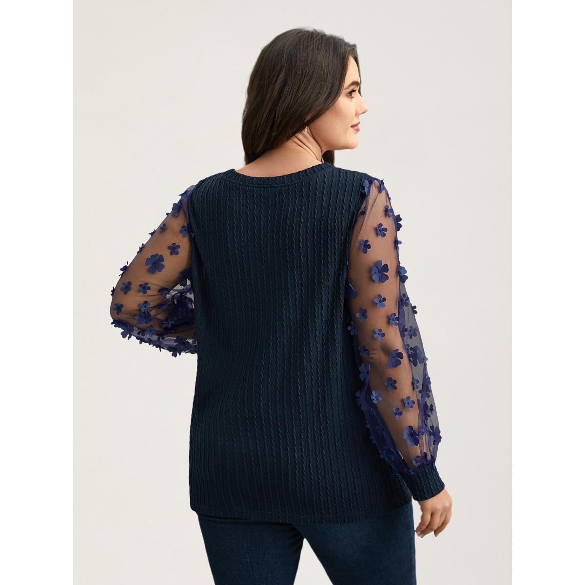Plus Size Sheer Sleeve Textured Patchwork Round Neck T-Shirt Indigo Women Elegant Texture Round Neck Everyday T-shirts BloomChic 28/5X Product Image
