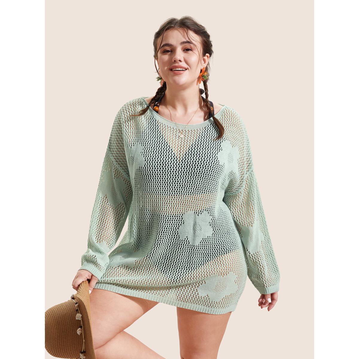 Plus Size Flowers Drop shoulder sleeve Swim Cover Up Women's Swimwear LightGreen Beach Loose Texture Curve Swim Cover Ups BloomChic 18-20/2X Product Image