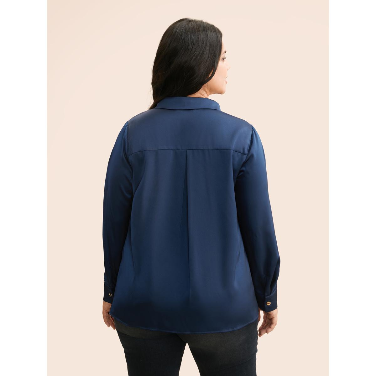 Plus Size Indigo Shirt Collar Metal Detail Blouse Women Elegant Long Sleeve Shirt collar Everyday Blouses BloomChic 26/4X Product Image