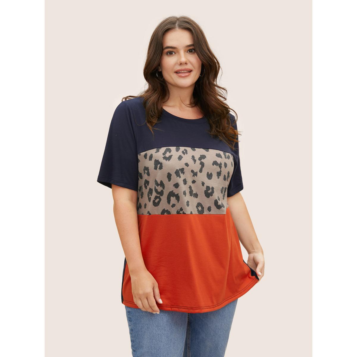Plus Size Colorblock Contrast Patchwork Leopard T-shirt Midnight Women Casual Patchwork Leopard Round Neck Everyday T-shirts BloomChic 12/L Product Image