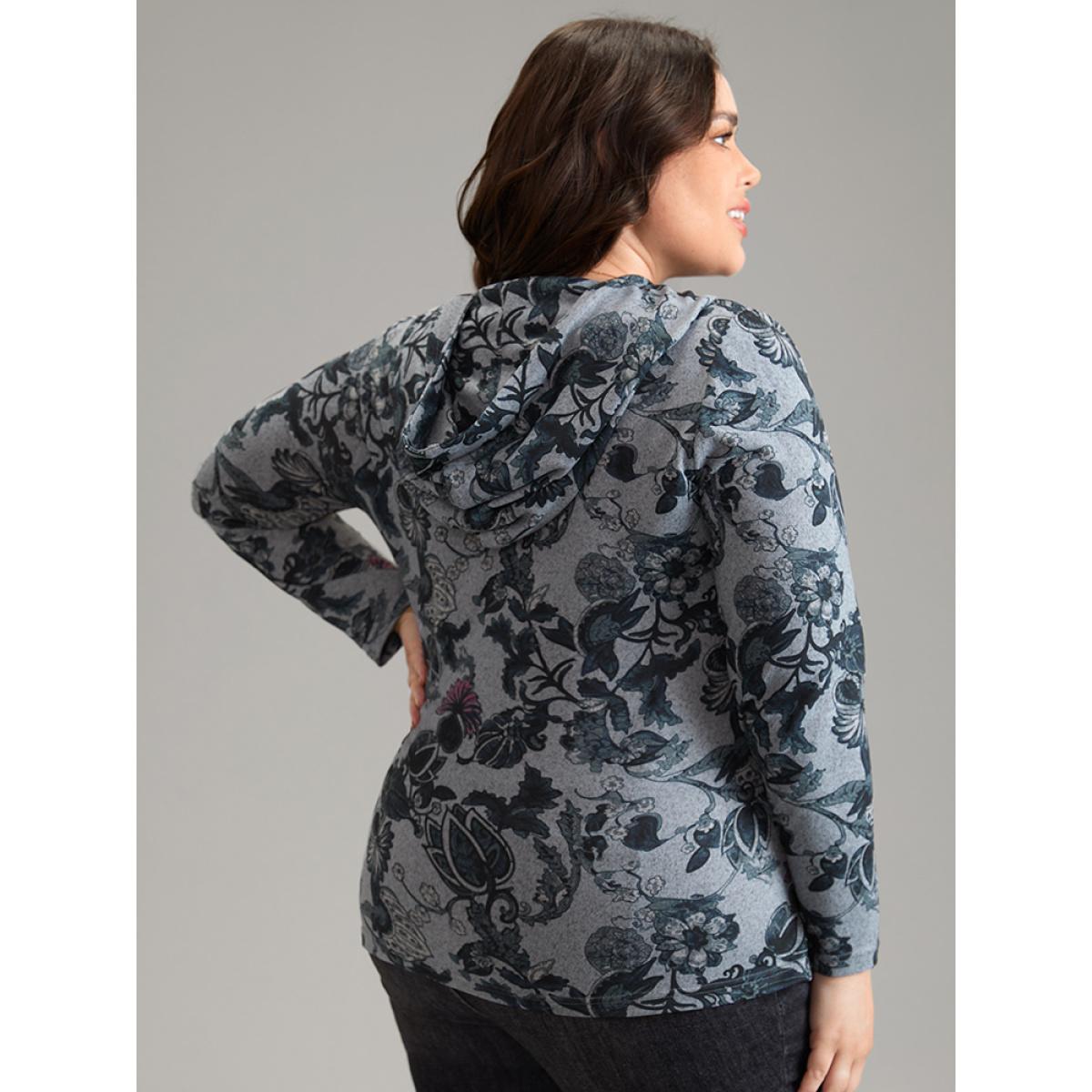 Plus Size Floral Print Hooded T-shirt DimGray Women Elegant Printed Floral Hooded Dailywear T-shirts BloomChic 14-16/1X Product Image