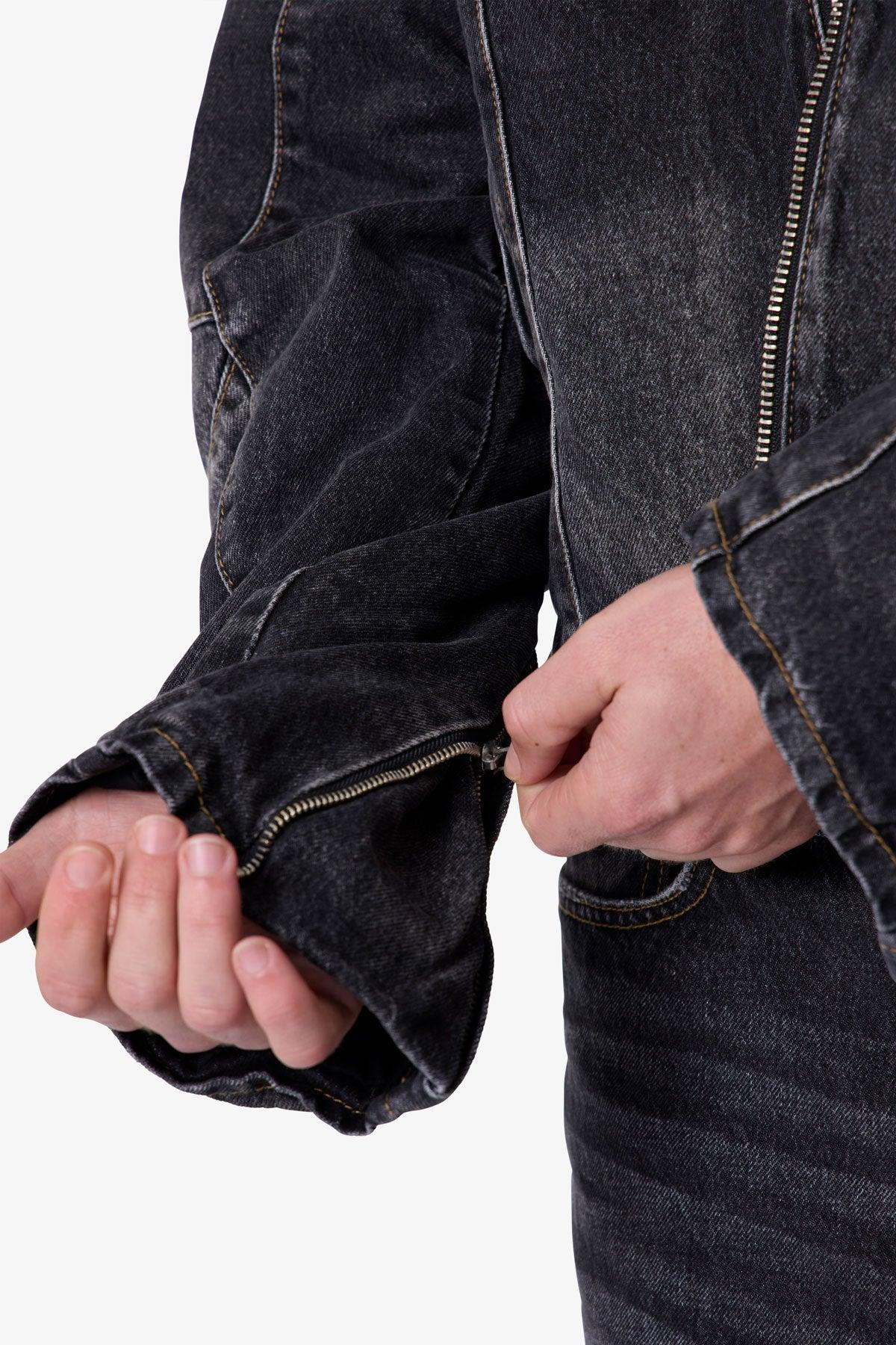 Paneled Moto Denim Jacket - Washed Black Product Image