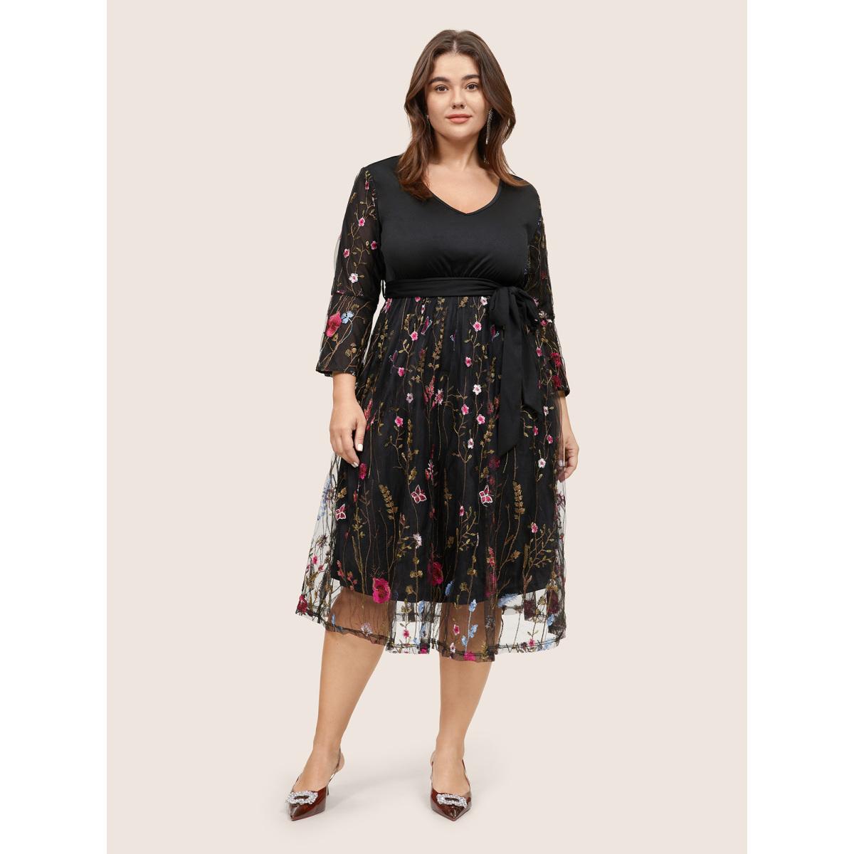 Plus Size Floral Embroidered Mesh Patchwork Bell Sleeve Dress Black Women Glamour Lined V-neck Elbow-length sleeve Curvy Midi Dress BloomChic 14-16/1X Product Image