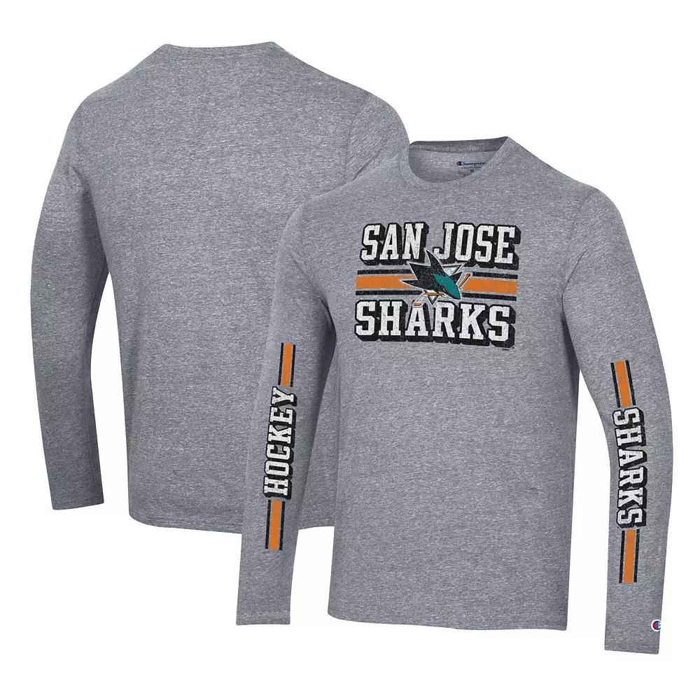 Men's Champion Heather Gray San Jose Sharks Tri-Blend Dual-Stripe Long Sleeve T-Shirt,  Product Image