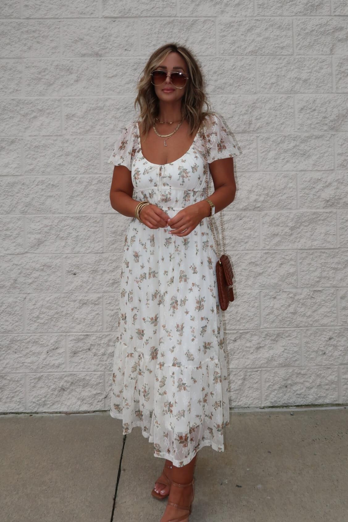 Lauri Cream Floral Print Sweetheart Midi Dress - FINAL SALE Female Product Image