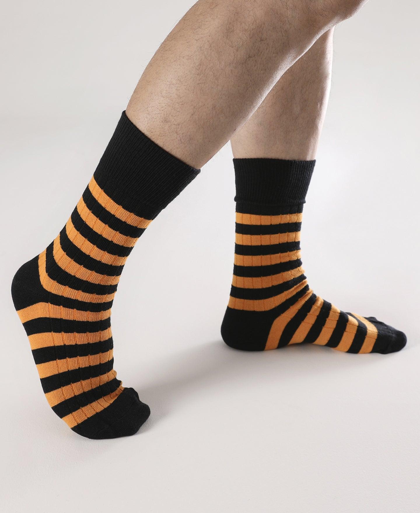 Retro Striped Cotton Socks - Black/Orange Product Image