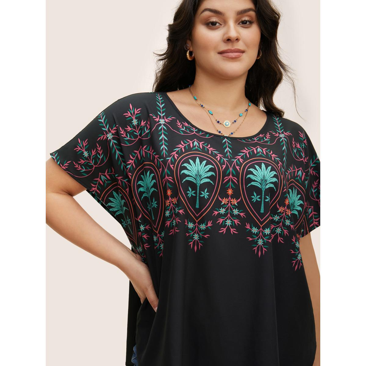 Plus Size Black Round Neck Boho Print Dolman Sleeve Blouse Women Resort Short sleeve Round Neck Vacation Blouses BloomChic 22-24/3X Product Image