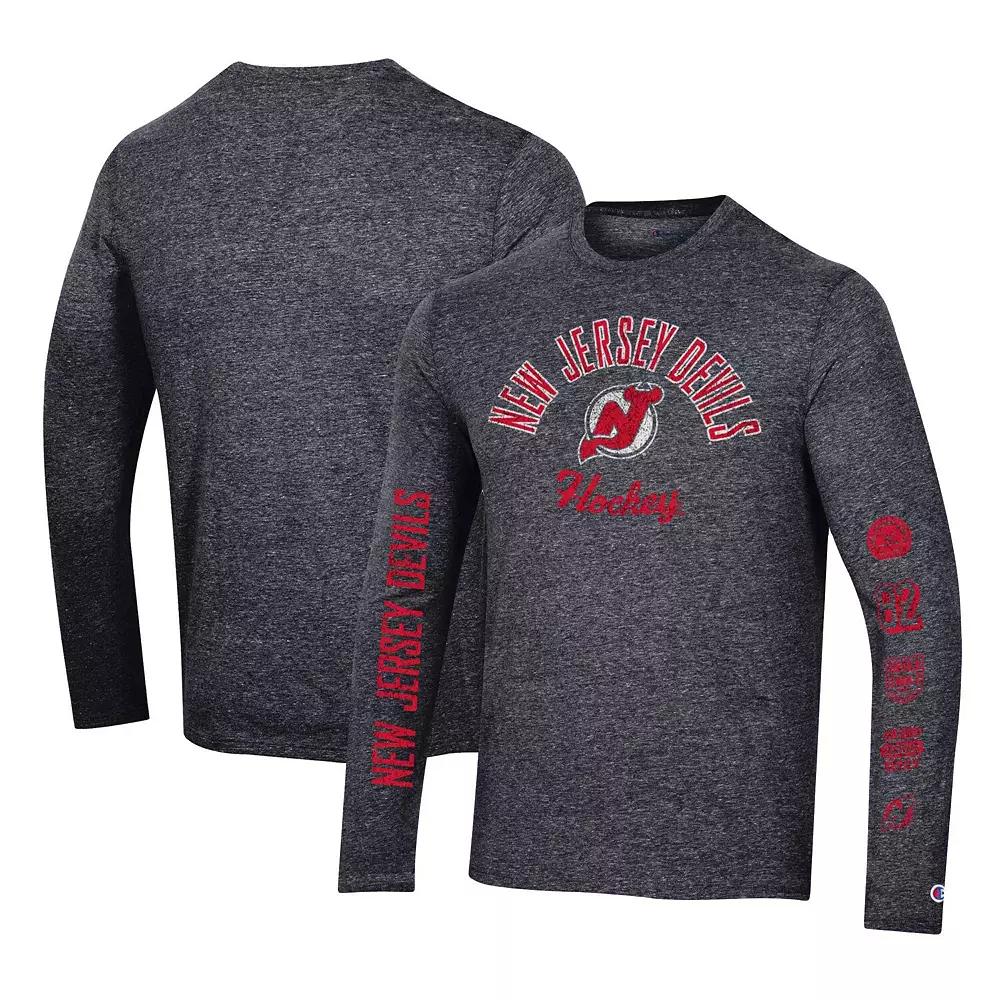 Men's Champion Heather Black New Jersey Devils Multi-Logo Tri-Blend Long Sleeve T-Shirt,  Product Image