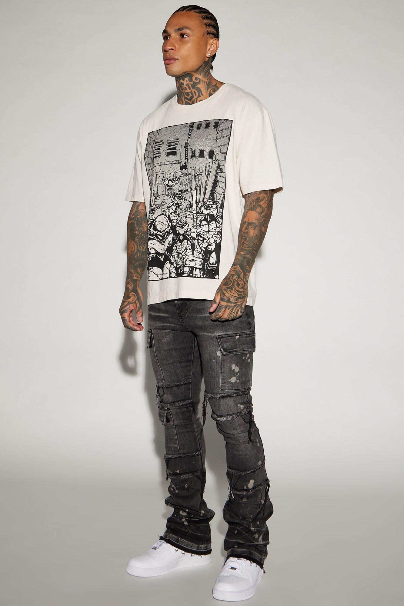 Side Snap Cargo Stacked Skinny Flare Jeans - Black Wash Product Image
