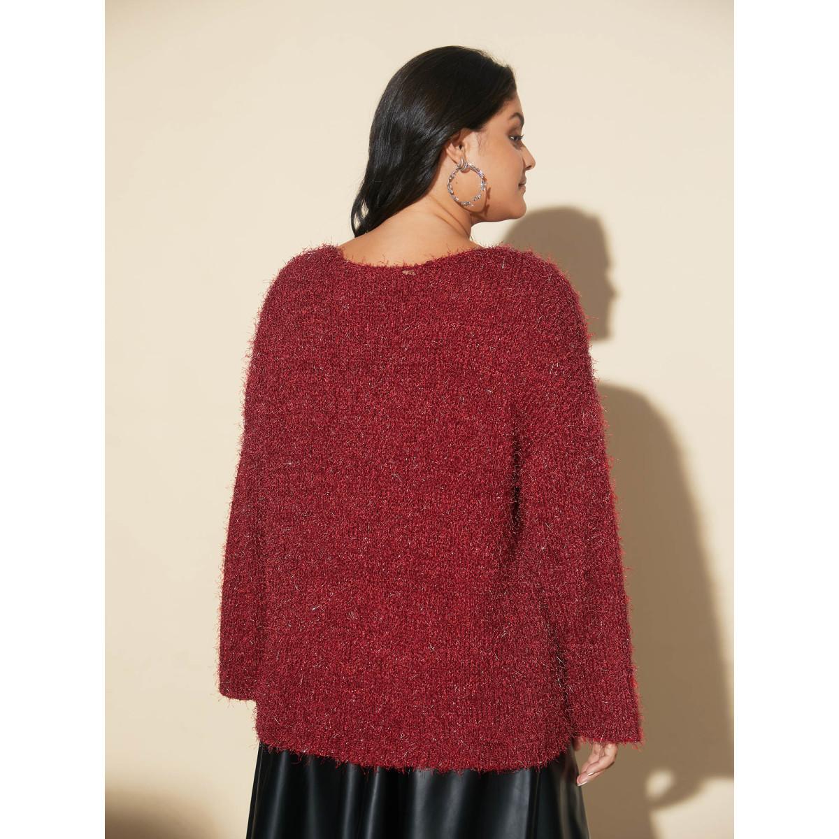 Plus Size Drop Shoulder Long Hair Yarn Pullover Scarlet Women Casual Loose Long Sleeve Round Neck Everyday Pullovers BloomChic 12/L Product Image