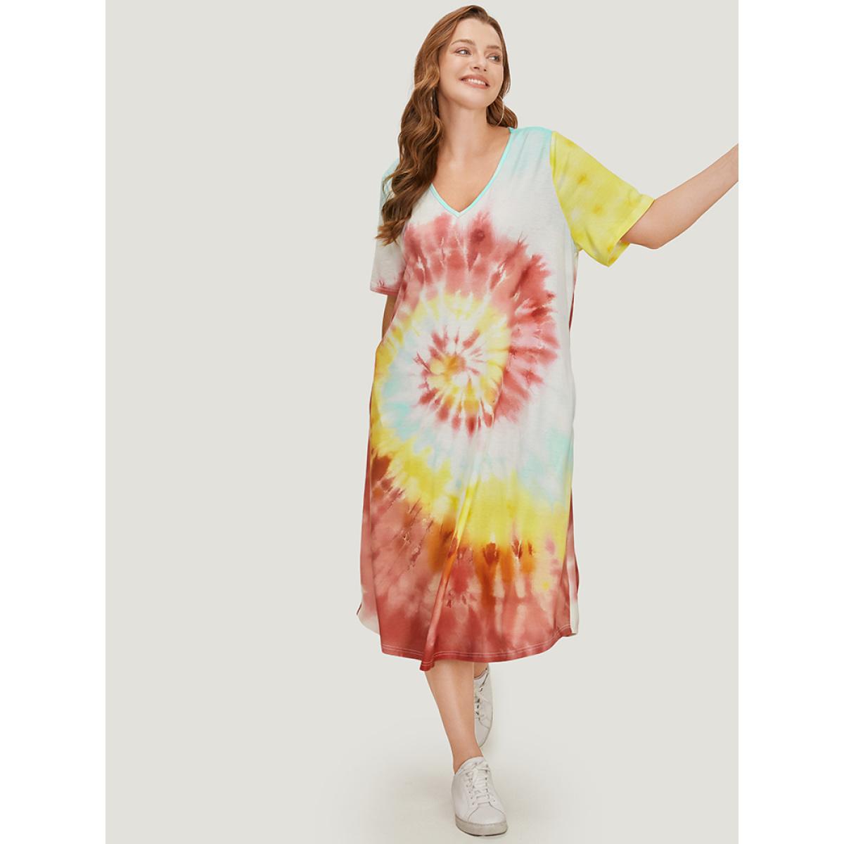 Plus Size Tie Dye Pocket Short Sleeve V Neck Midi Dress Multicolor Women Casual Printed V-neck Short sleeve Curvy Midi Dress BloomChic 12/L Product Image