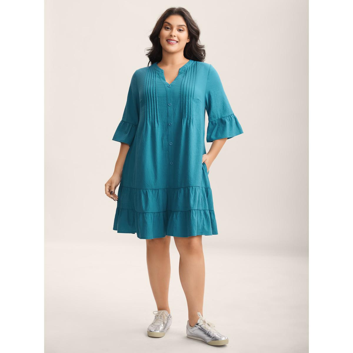 Plus Size Toothpick Pleat Relaxed Fit Tiered Midi Dress Cerulean Women Flat collar with V-notch Elbow-length sleeve Curvy BloomChic 18-20/2X Product Image